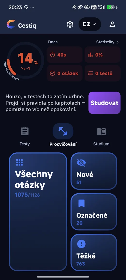 Procvičování — nové, označené a těžké otázky