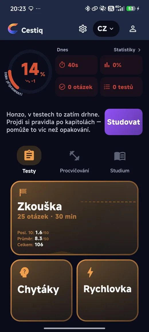 Aplikace žáka — domovská obrazovka s testy