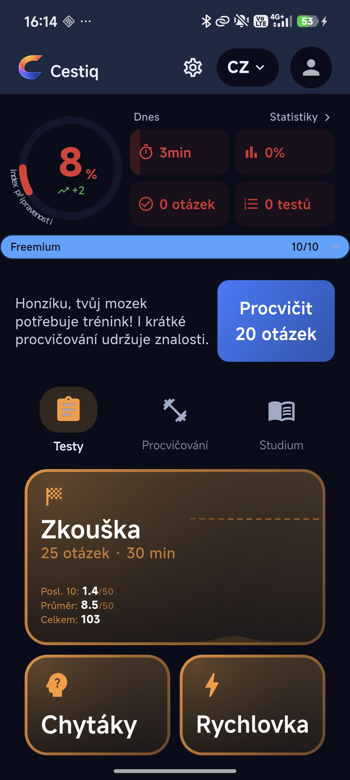 Cestiq – domovská obrazovka s testy a indexem připravenosti